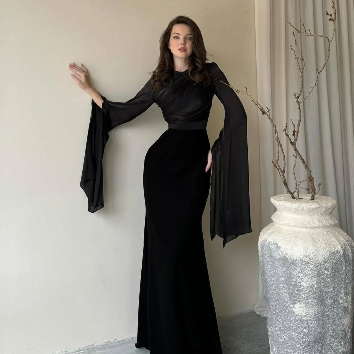 Cape Sleeve Gown with Tie-Back | Fitted Mermaid Maxi Dress(MS230) - Image 18