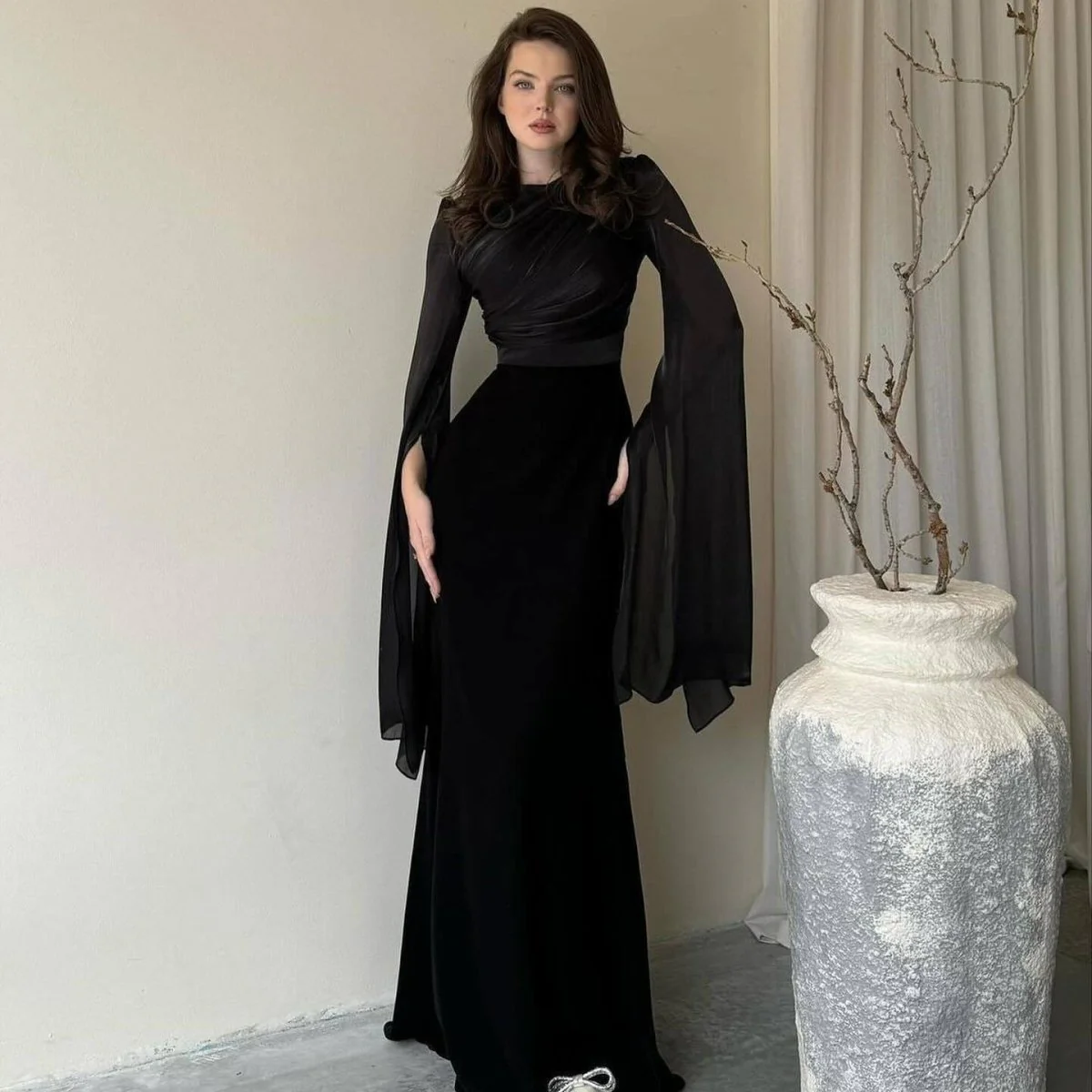 Cape Sleeve Gown with Tie-Back | Fitted Mermaid Maxi Dress(MS230) - Image 19