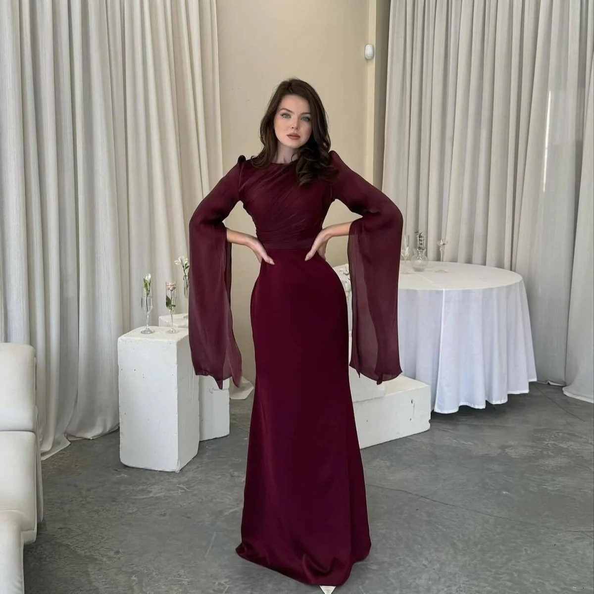 Cape Sleeve Gown with Tie-Back | Fitted Mermaid Maxi Dress(MS230) - Image 21