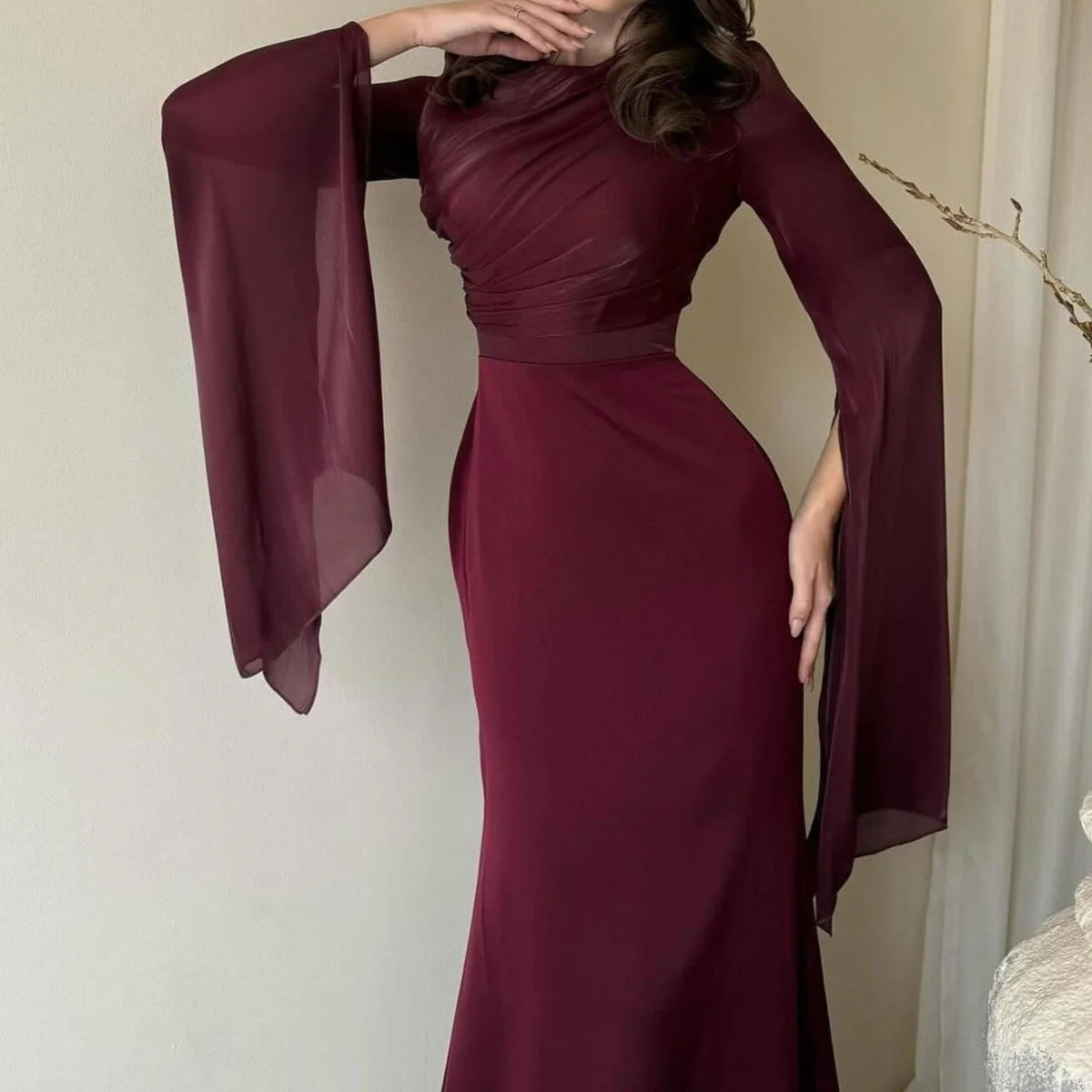 Cape Sleeve Gown with Tie-Back | Fitted Mermaid Maxi Dress(MS230) - Image 22