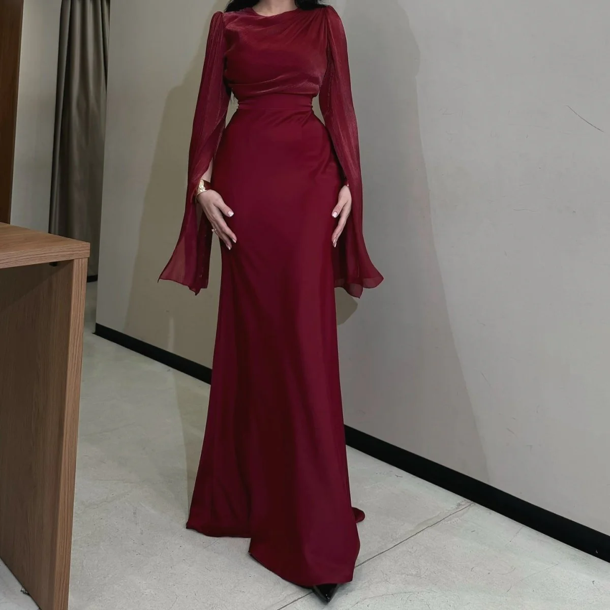 Cape Sleeve Gown with Tie-Back | Fitted Mermaid Maxi Dress(MS230) - Image 23