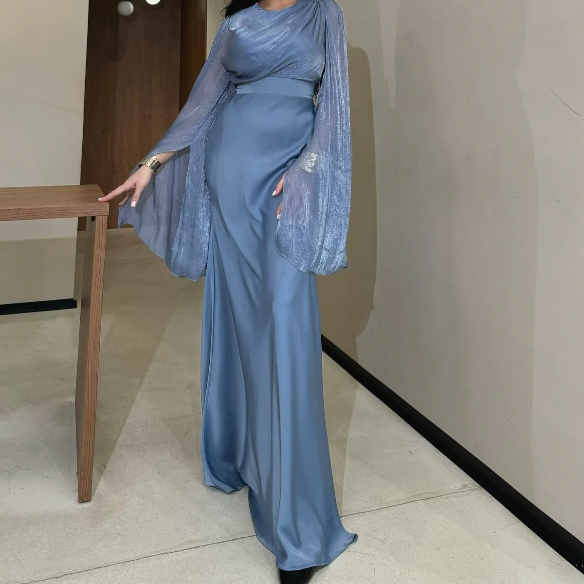Cape Sleeve Gown with Tie-Back | Fitted Mermaid Maxi Dress(MS230) - Image 25