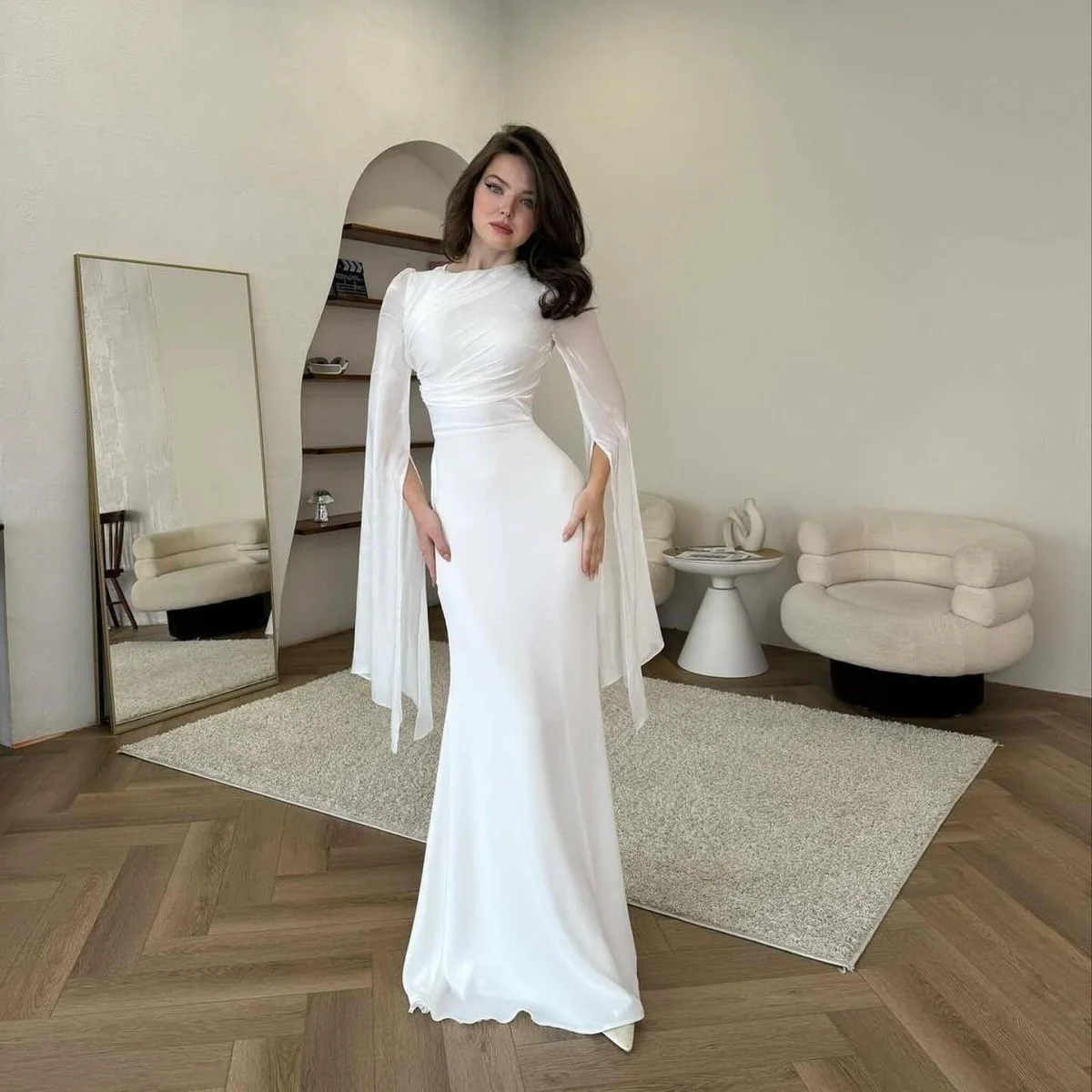 Cape Sleeve Gown with Tie-Back | Fitted Mermaid Maxi Dress(MS230) - Image 9