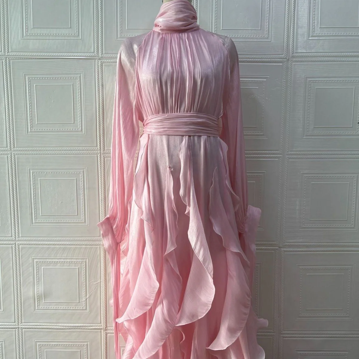 Cascading Ruffle Gown | High Neck Tie-Waist Maxi Dress(MS231) - Image 10