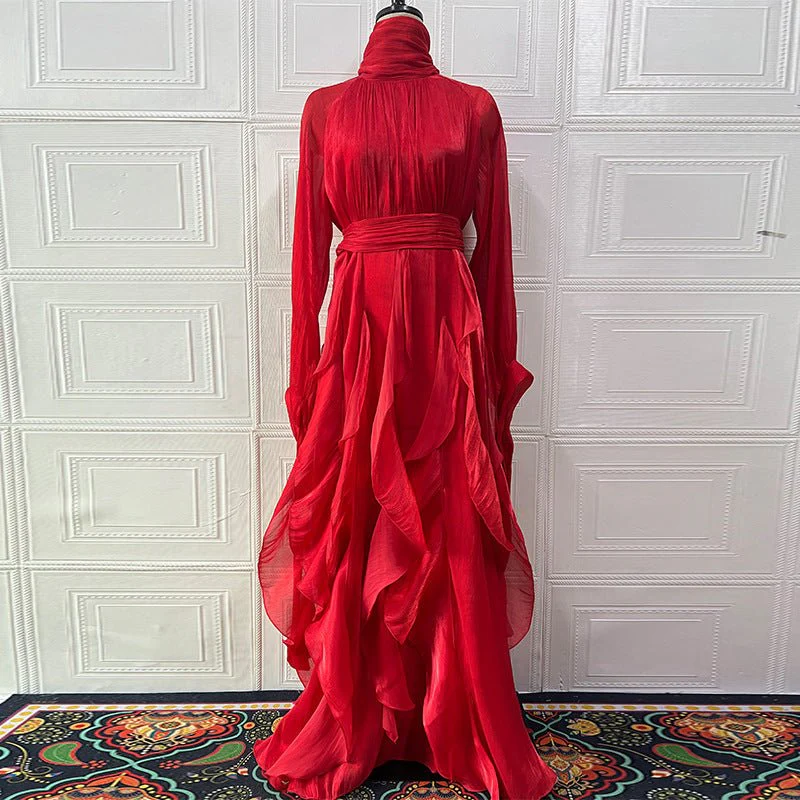 Cascading Ruffle Gown | High Neck Tie-Waist Maxi Dress(MS231) - Image 11