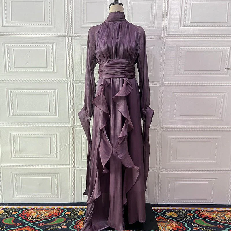 Cascading Ruffle Gown | High Neck Tie-Waist Maxi Dress(MS231) - Image 13