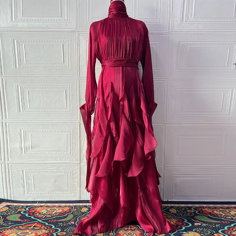 Cascading Ruffle Gown | High Neck Tie-Waist Maxi Dress(MS231) - Image 14
