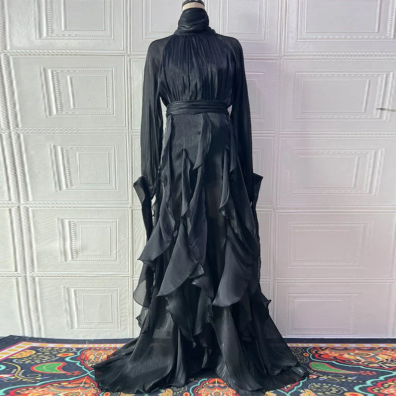 Cascading Ruffle Gown | High Neck Tie-Waist Maxi Dress(MS231) - Image 15