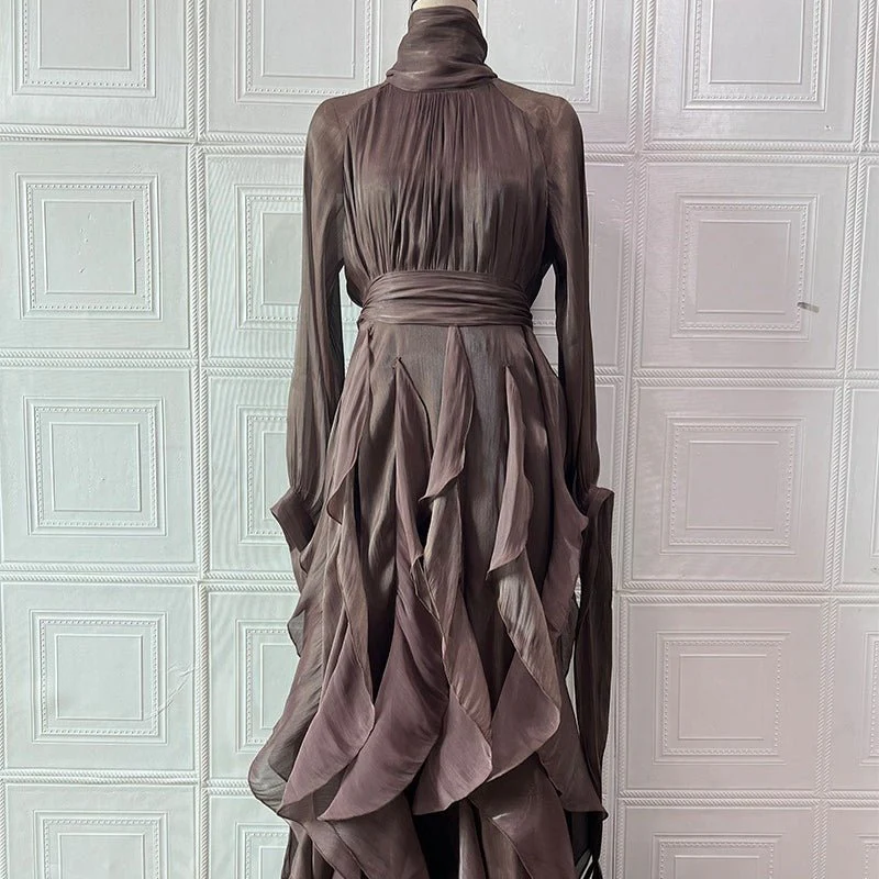 Cascading Ruffle Gown | High Neck Tie-Waist Maxi Dress(MS231) - Image 16