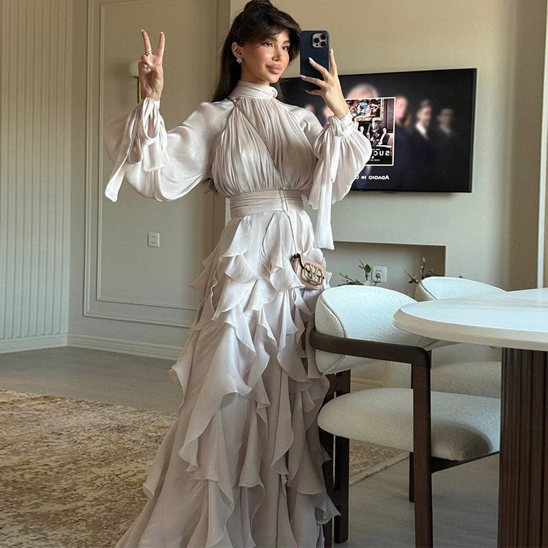 Cascading Ruffle Gown | High Neck Tie-Waist Maxi Dress(MS231) - Image 18