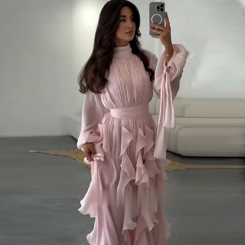 Cascading Ruffle Gown | High Neck Tie-Waist Maxi Dress(MS231) - Image 21