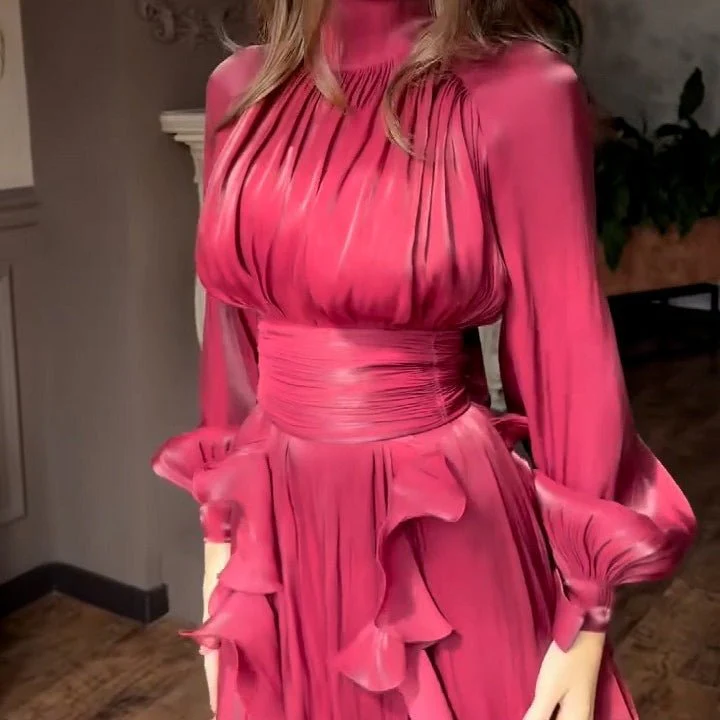 Cascading Ruffle Gown | High Neck Tie-Waist Maxi Dress(MS231) - Image 25