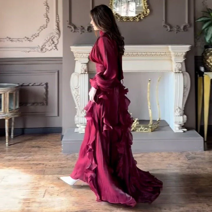Cascading Ruffle Gown | High Neck Tie-Waist Maxi Dress(MS231) - Image 27