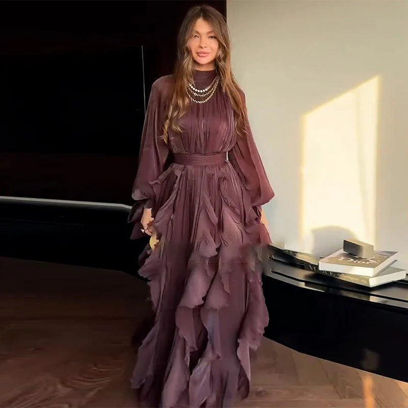 Cascading Ruffle Gown | High Neck Tie-Waist Maxi Dress(MS231) - Image 3