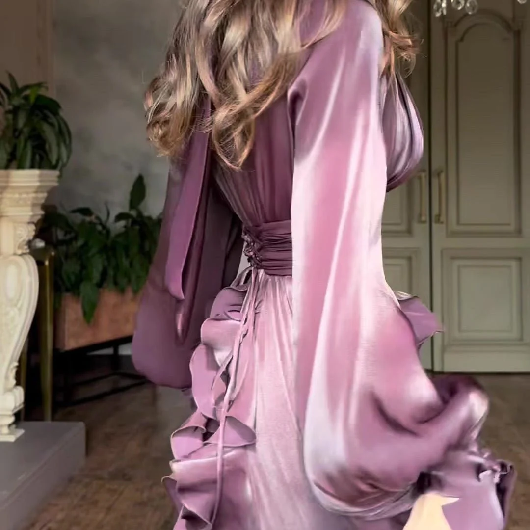 Cascading Ruffle Gown | High Neck Tie-Waist Maxi Dress(MS231) - Image 31