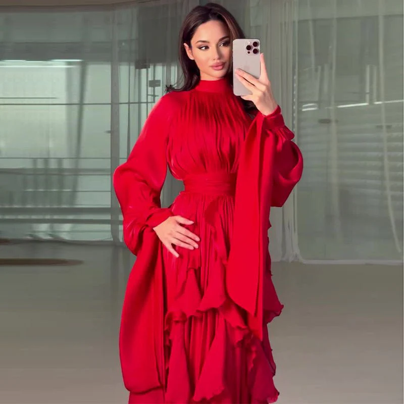 Cascading Ruffle Gown | High Neck Tie-Waist Maxi Dress(MS231) - Image 32