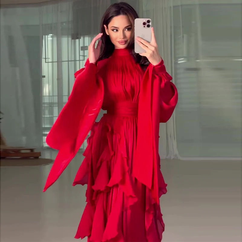 Cascading Ruffle Gown | High Neck Tie-Waist Maxi Dress(MS231) - Image 33