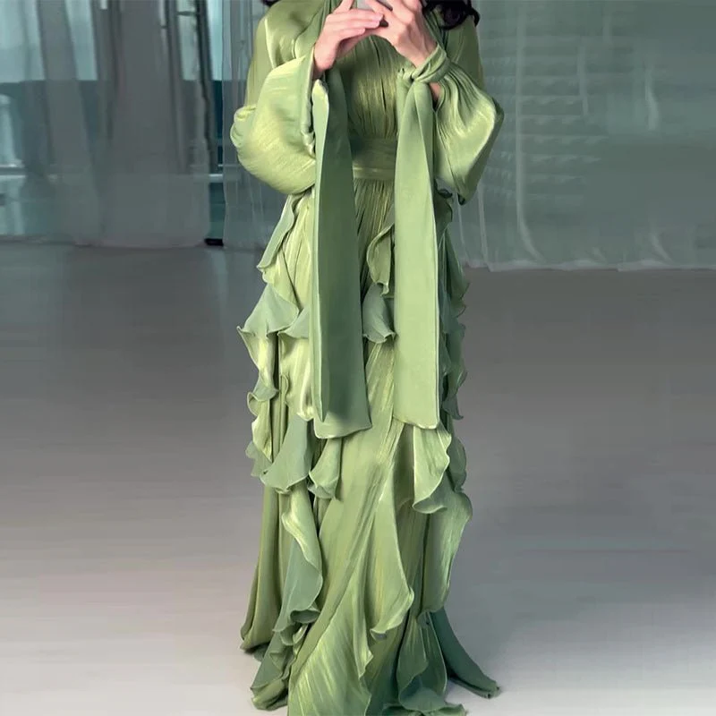Cascading Ruffle Gown | High Neck Tie-Waist Maxi Dress(MS231) - Image 34