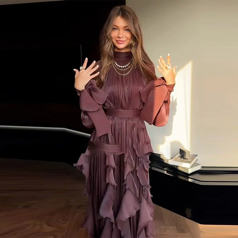 Cascading Ruffle Gown | High Neck Tie-Waist Maxi Dress(MS231) - Image 35