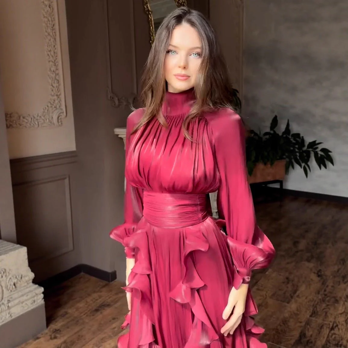 Cascading Ruffle Gown | High Neck Tie-Waist Maxi Dress(MS231) - Image 6