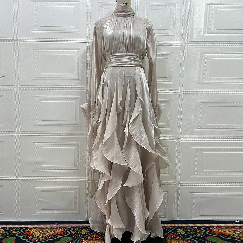 Cascading Ruffle Gown | High Neck Tie-Waist Maxi Dress(MS231) - Image 8