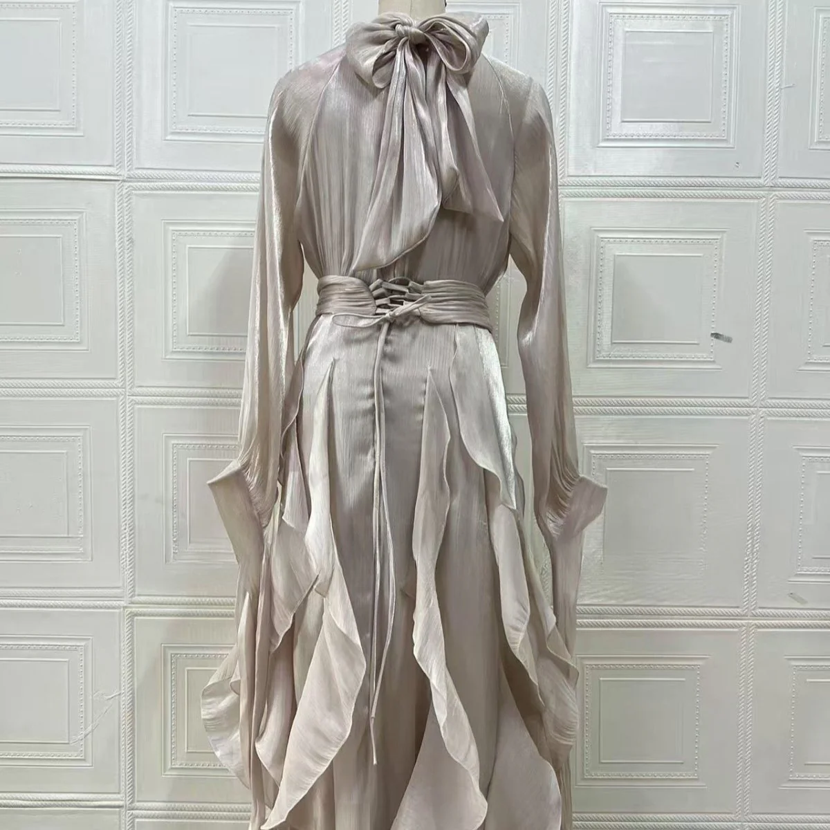 Cascading Ruffle Gown | High Neck Tie-Waist Maxi Dress(MS231) - Image 9