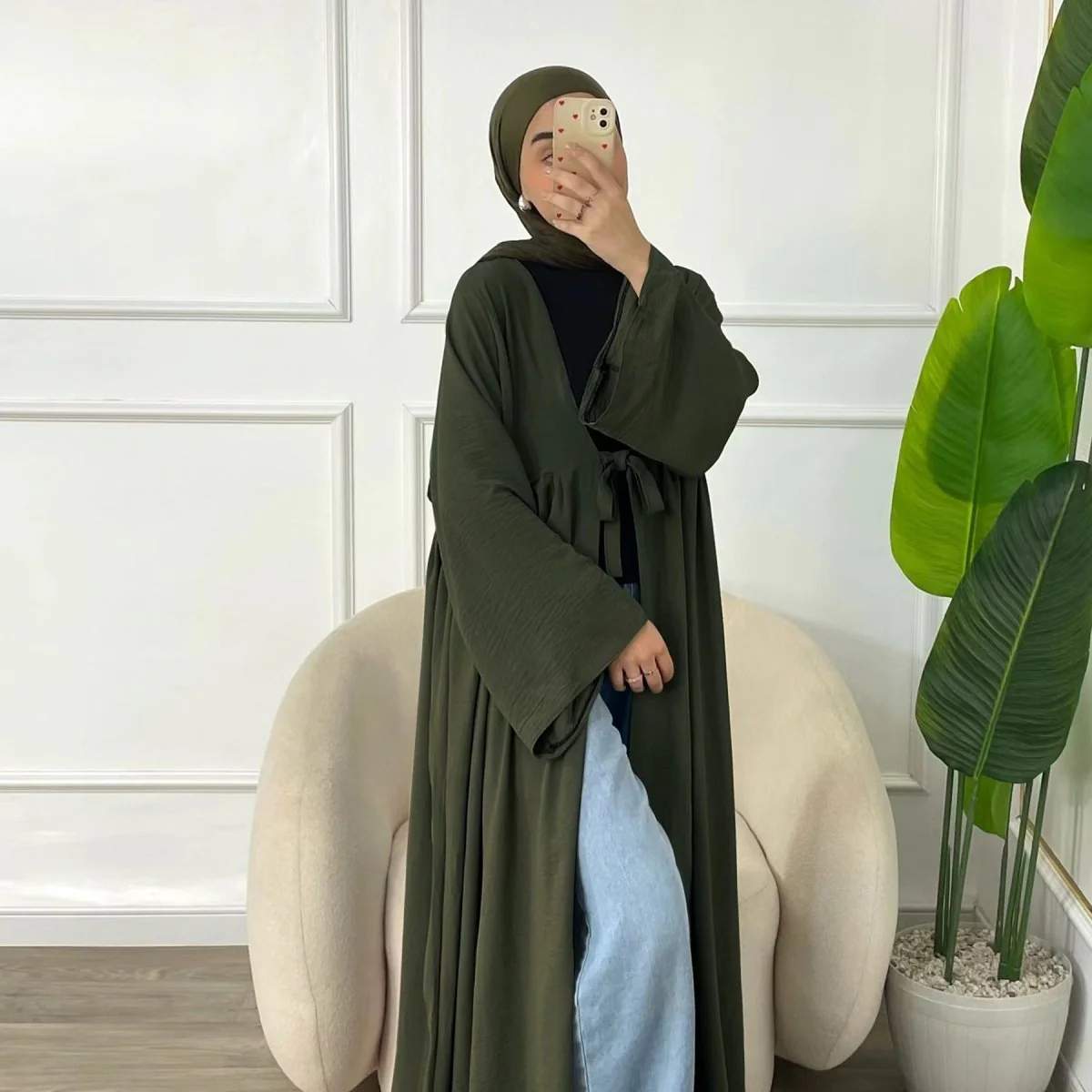 Casual Crepe Adjustable Lace-up Open Abaya (MOA134) - Image 2