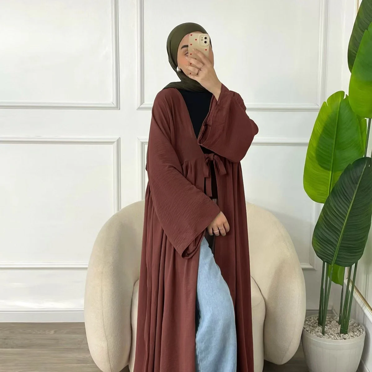 Casual Crepe Adjustable Lace-up Open Abaya (MOA134) - Image 3