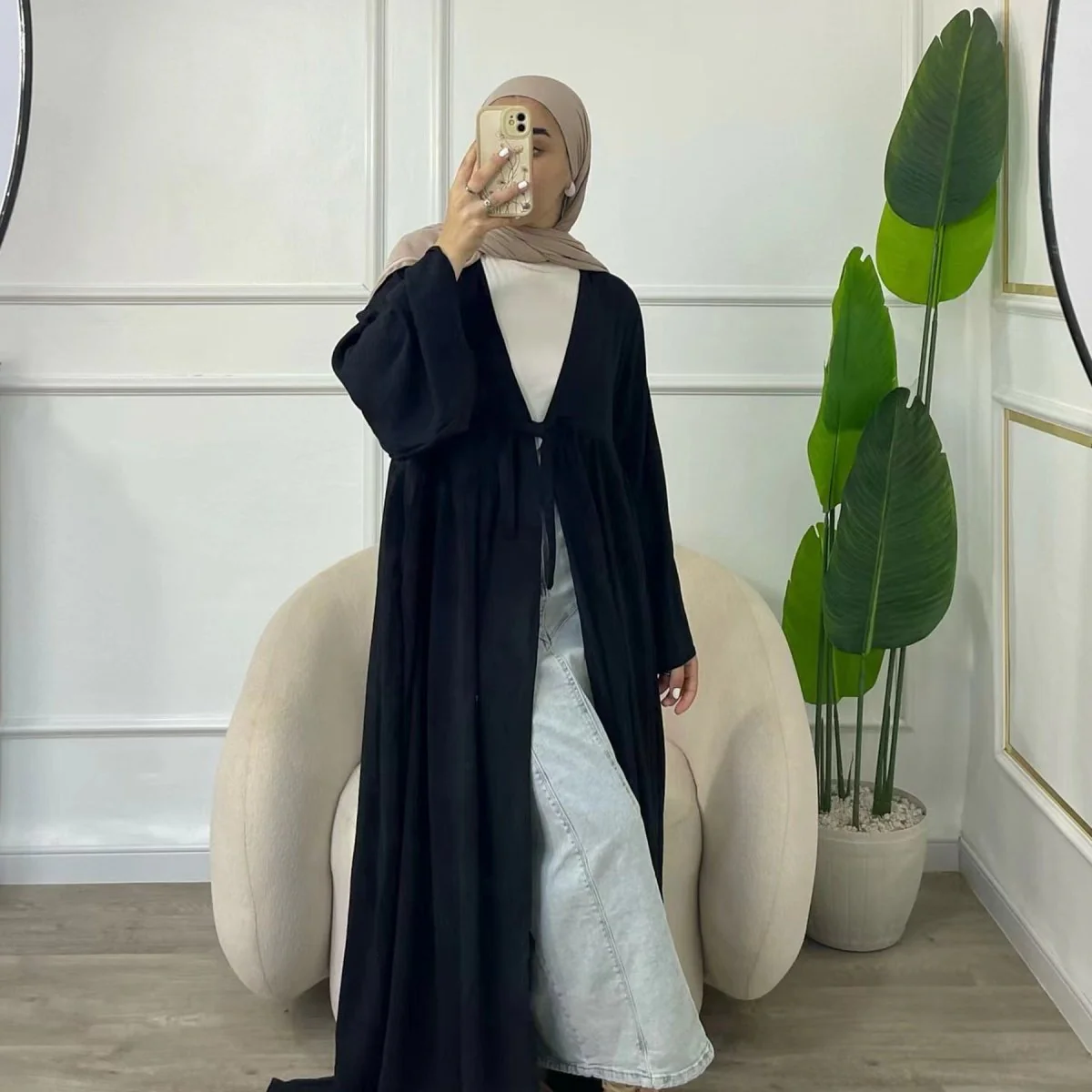 Casual Crepe Adjustable Lace-up Open Abaya (MOA134) - Image 5