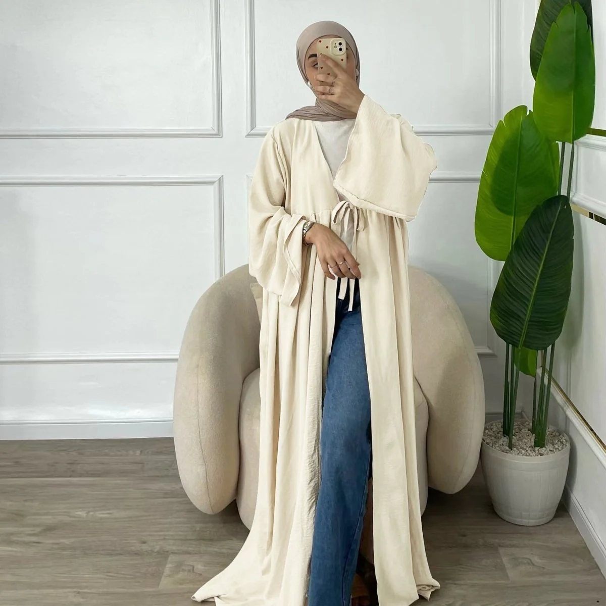 Casual Crepe Adjustable Lace-up Open Abaya (MOA134) - Image 6