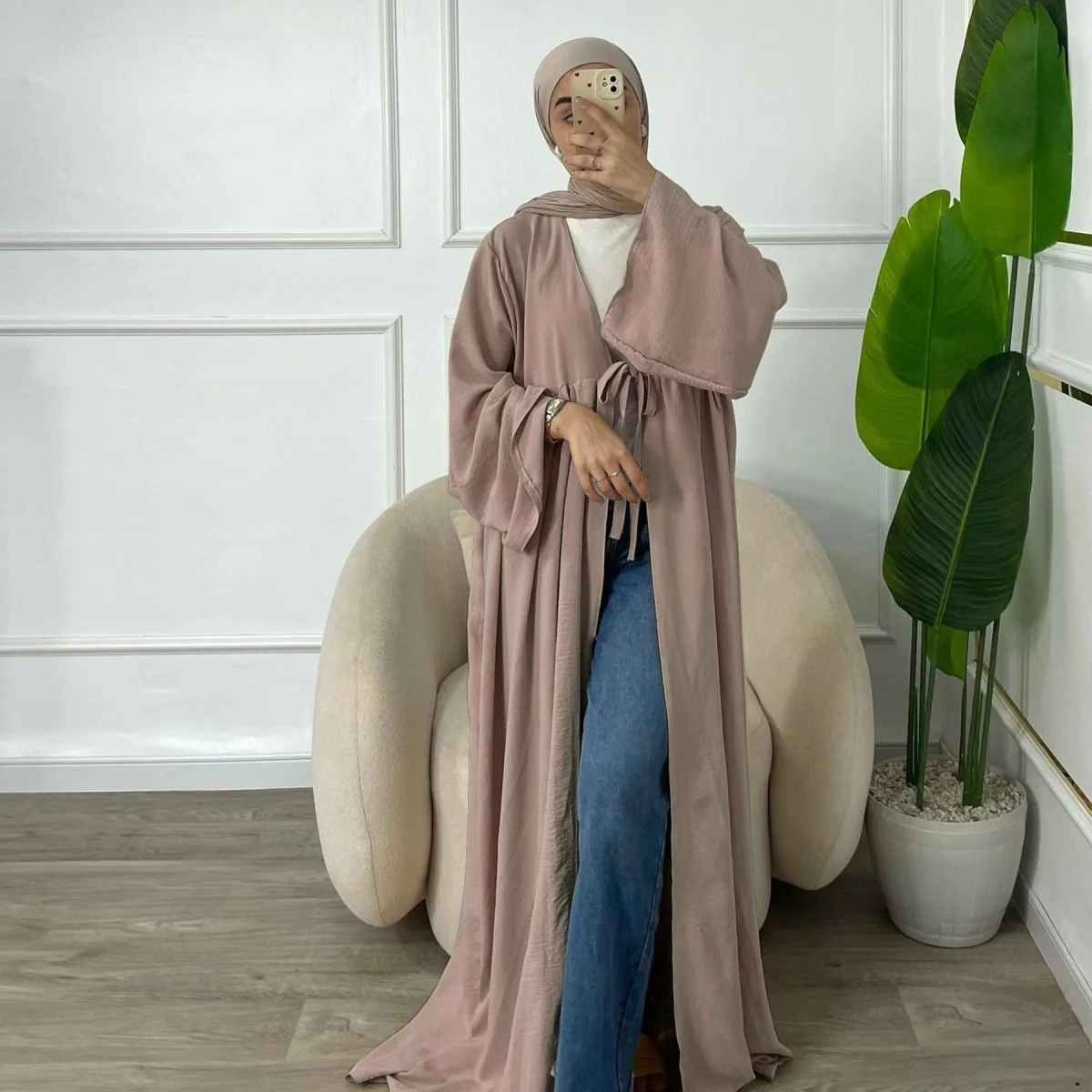 Casual Crepe Adjustable Lace-up Open Abaya (MOA134) - Image 7