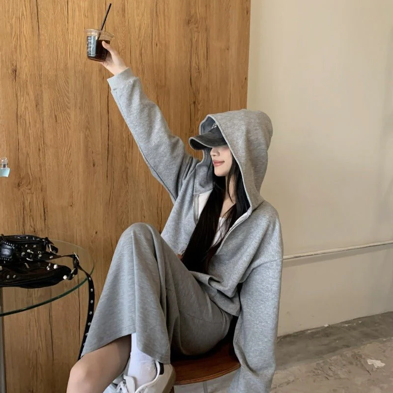 Casual Grey Zip-Up Hoodie & High Waist Drawstring A-Line Skirt Set(MS130) - Image 10