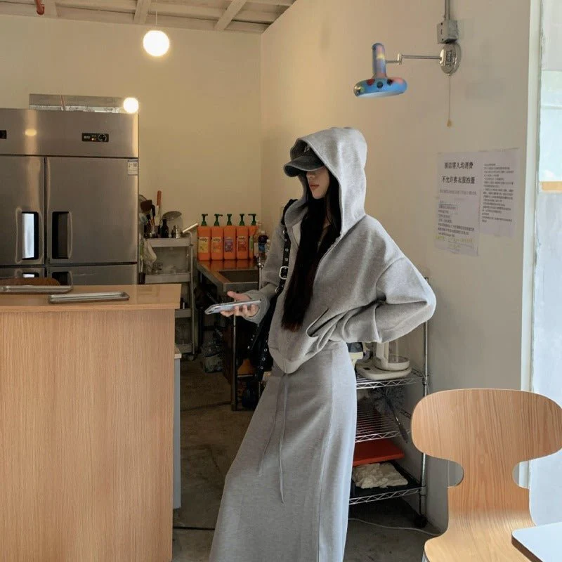 Casual Grey Zip-Up Hoodie & High Waist Drawstring A-Line Skirt Set(MS130) - Image 11