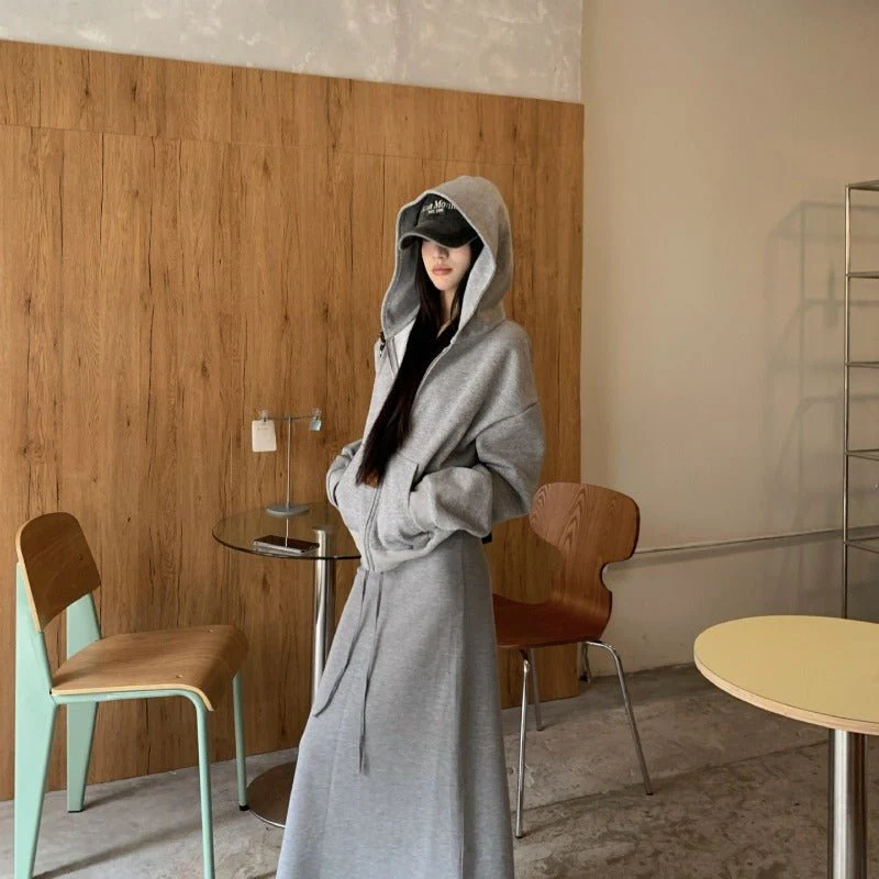 Casual Grey Zip-Up Hoodie & High Waist Drawstring A-Line Skirt Set(MS130) - Image 2