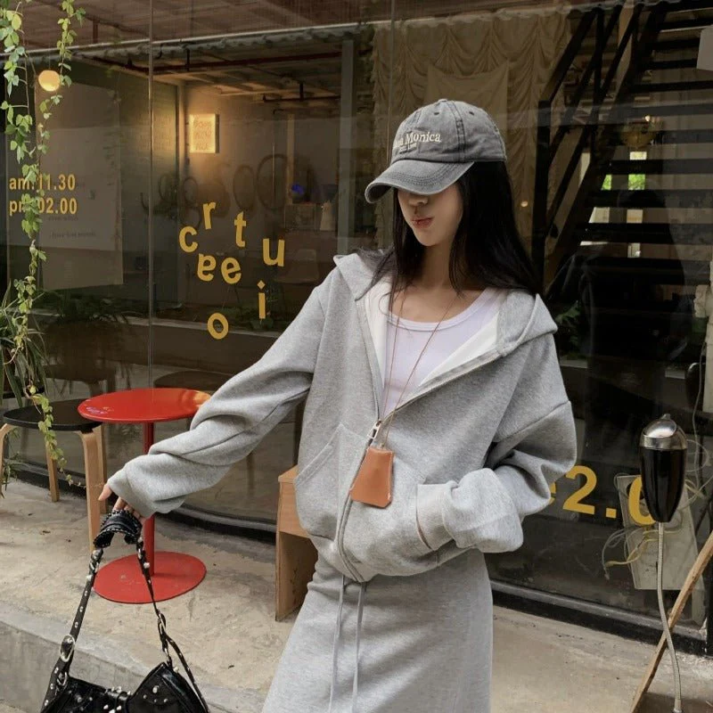 Casual Grey Zip-Up Hoodie & High Waist Drawstring A-Line Skirt Set(MS130) - Image 3