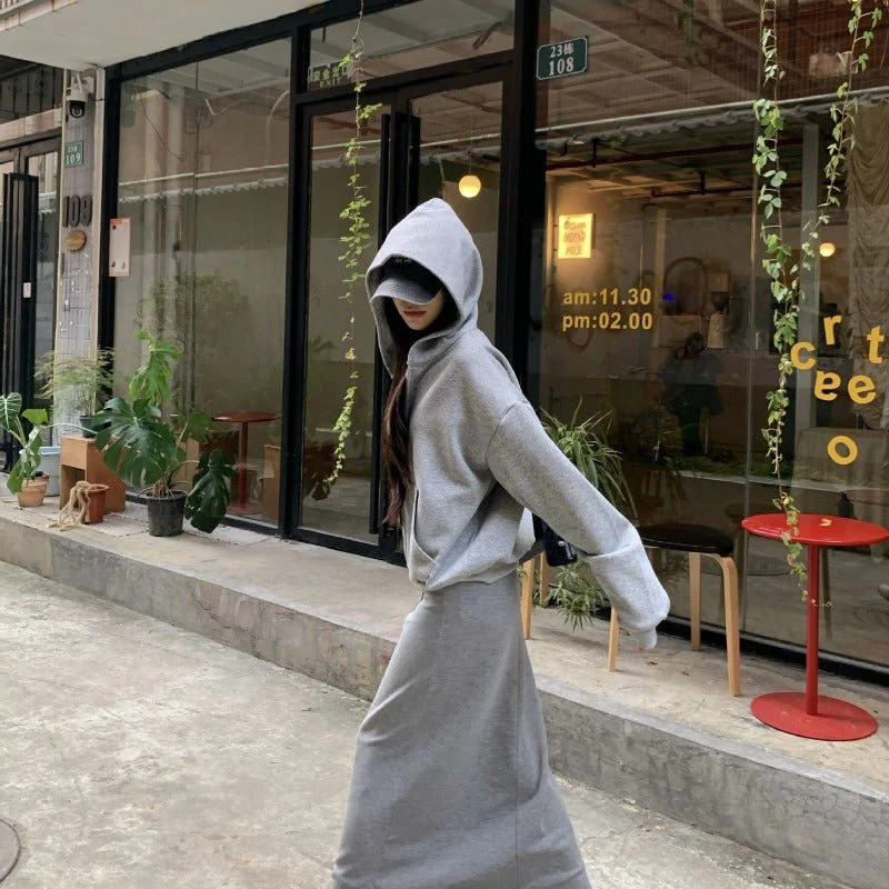 Casual Grey Zip-Up Hoodie & High Waist Drawstring A-Line Skirt Set(MS130) - Image 4