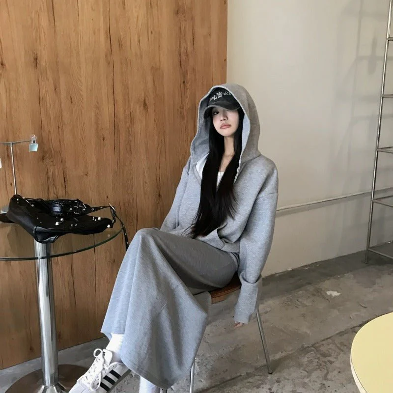 Casual Grey Zip-Up Hoodie & High Waist Drawstring A-Line Skirt Set(MS130) - Image 5