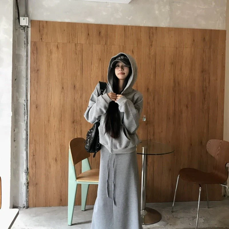 Casual Grey Zip-Up Hoodie & High Waist Drawstring A-Line Skirt Set(MS130) - Image 6