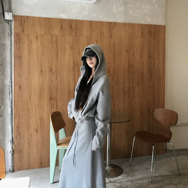 Casual Grey Zip-Up Hoodie & High Waist Drawstring A-Line Skirt Set(MS130) - Image 7
