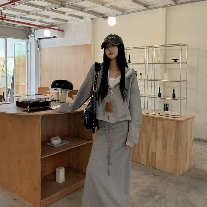 Casual Grey Zip-Up Hoodie & High Waist Drawstring A-Line Skirt Set(MS130) - Image 8