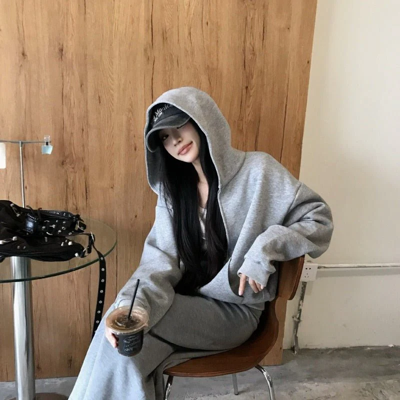 Casual Grey Zip-Up Hoodie & High Waist Drawstring A-Line Skirt Set(MS130) - Image 9