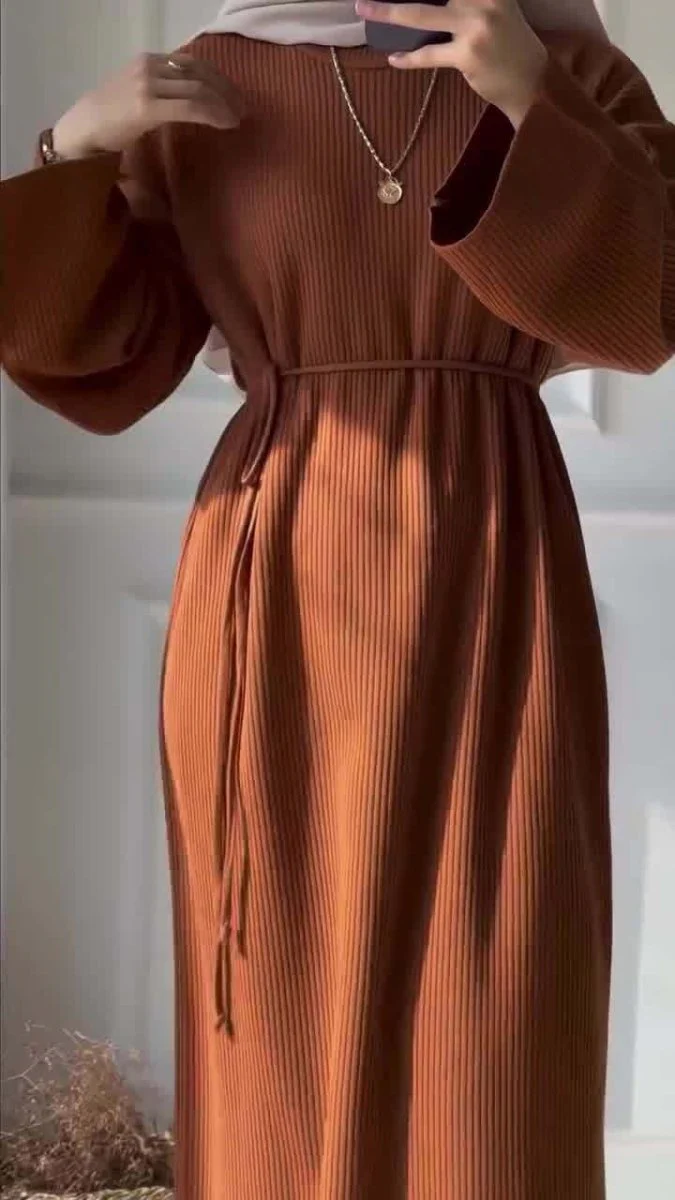 Casual Knitted Modest Dress with Flared Sleeves - Muslim-Friendly Crew Neck Pullover Maxi Dress with Belt(MS104) - Image 10