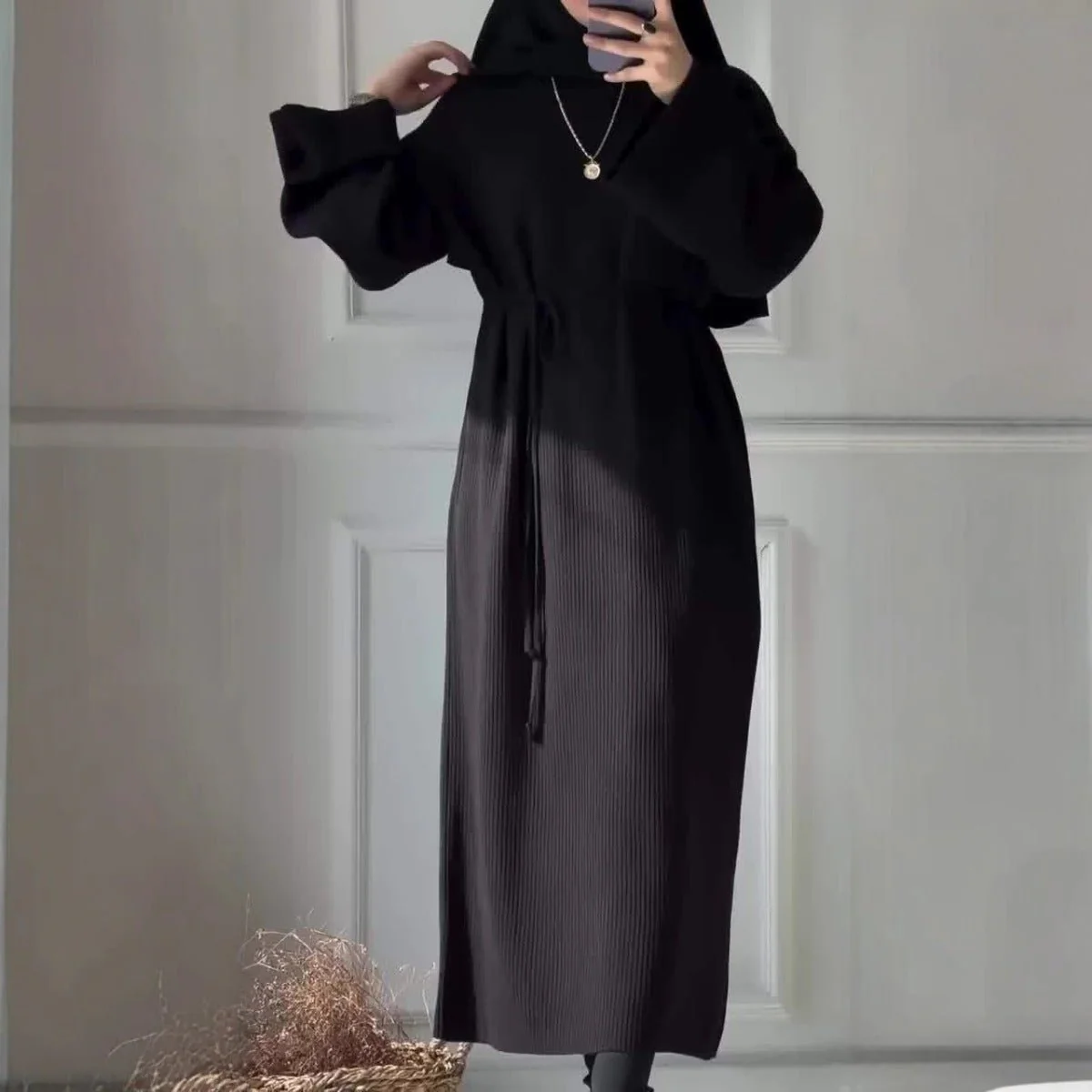 Casual Knitted Modest Dress with Flared Sleeves - Muslim-Friendly Crew Neck Pullover Maxi Dress with Belt(MS104) - Image 2