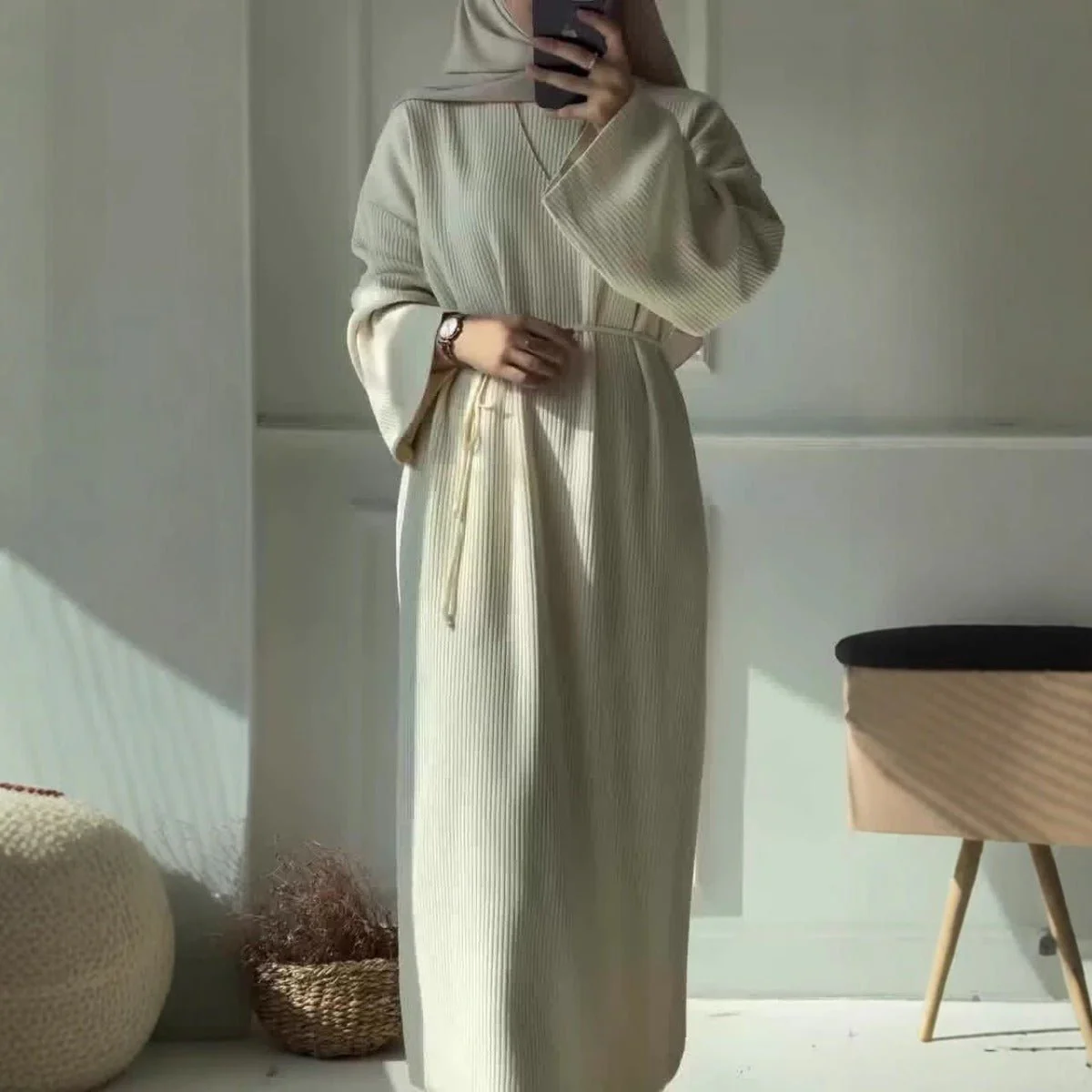 Casual Knitted Modest Dress with Flared Sleeves - Muslim-Friendly Crew Neck Pullover Maxi Dress with Belt(MS104) - Image 3