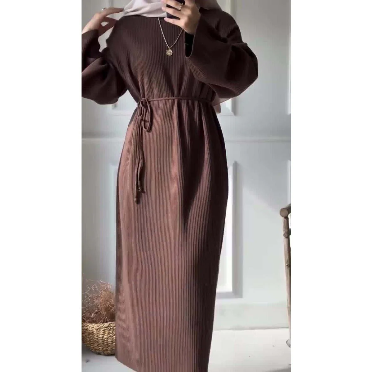 Casual Knitted Modest Dress with Flared Sleeves - Muslim-Friendly Crew Neck Pullover Maxi Dress with Belt(MS104) - Image 4