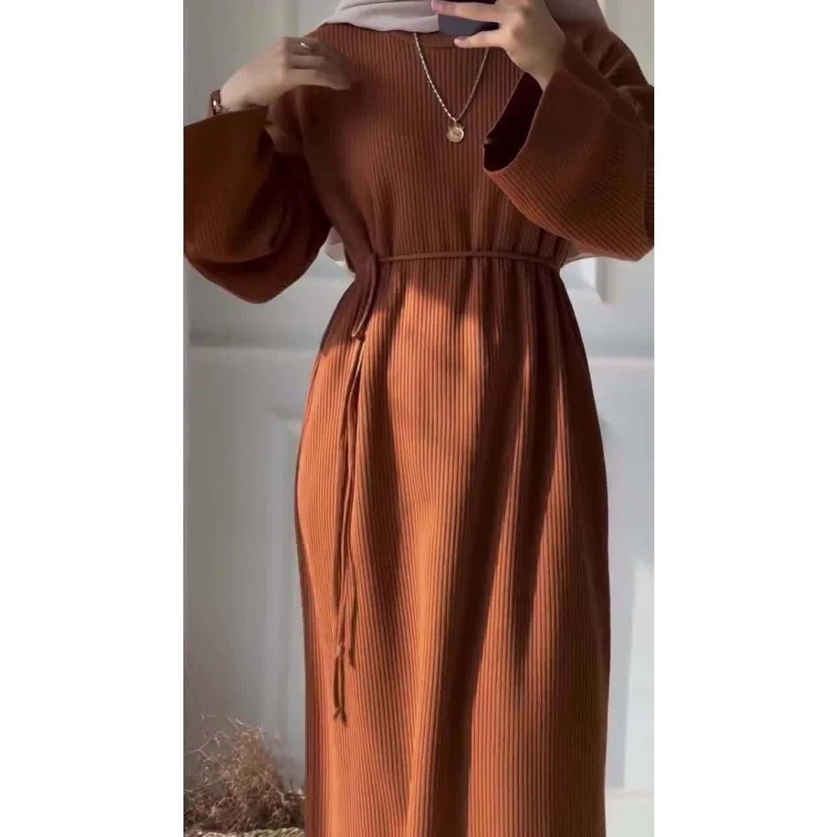 Casual Knitted Modest Dress with Flared Sleeves - Muslim-Friendly Crew Neck Pullover Maxi Dress with Belt(MS104) - Image 5