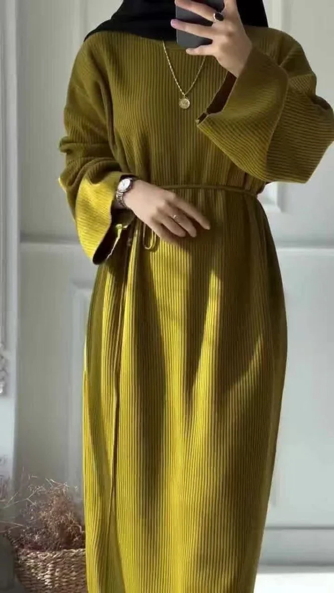 Casual Knitted Modest Dress with Flared Sleeves - Muslim-Friendly Crew Neck Pullover Maxi Dress with Belt(MS104) - Image 6