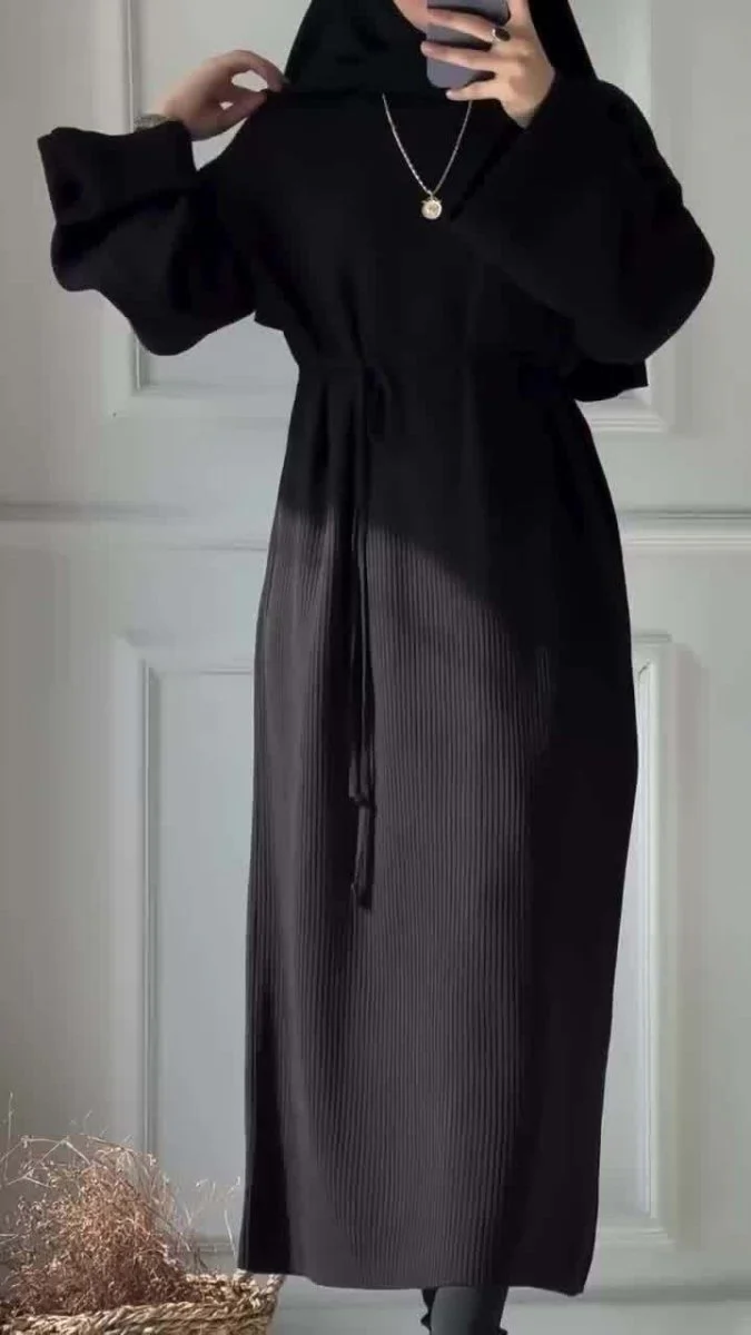 Casual Knitted Modest Dress with Flared Sleeves - Muslim-Friendly Crew Neck Pullover Maxi Dress with Belt(MS104) - Image 7