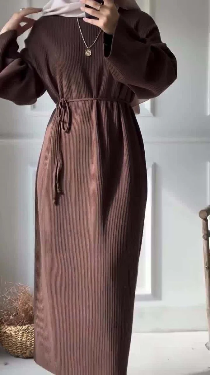 Casual Knitted Modest Dress with Flared Sleeves - Muslim-Friendly Crew Neck Pullover Maxi Dress with Belt(MS104) - Image 8