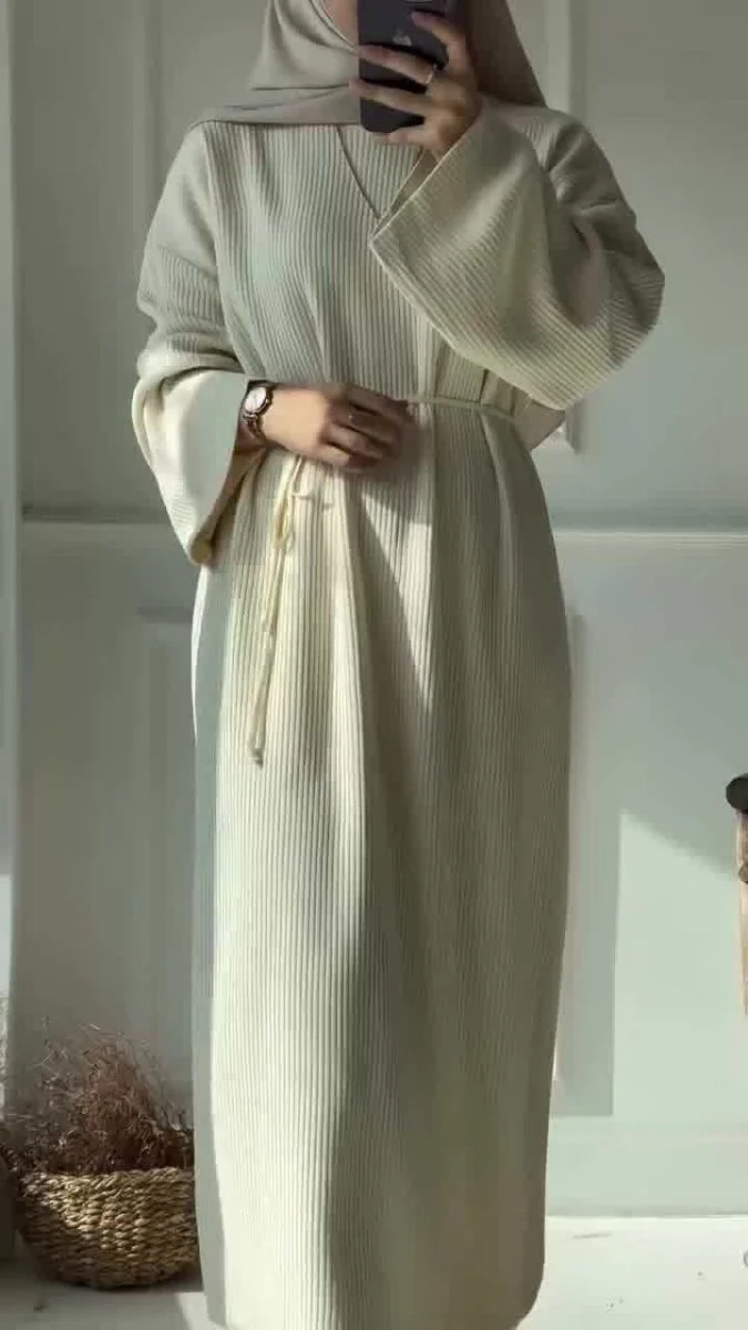Casual Knitted Modest Dress with Flared Sleeves - Muslim-Friendly Crew Neck Pullover Maxi Dress with Belt(MS104) - Image 9